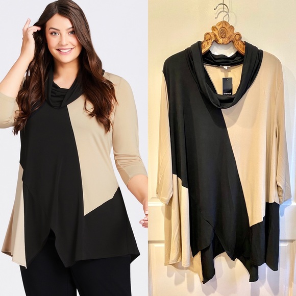 NEW Avenue Black Color Block Long Sleeve Cowl Neck Tunic Size 30/32 - Picture 1 of 5